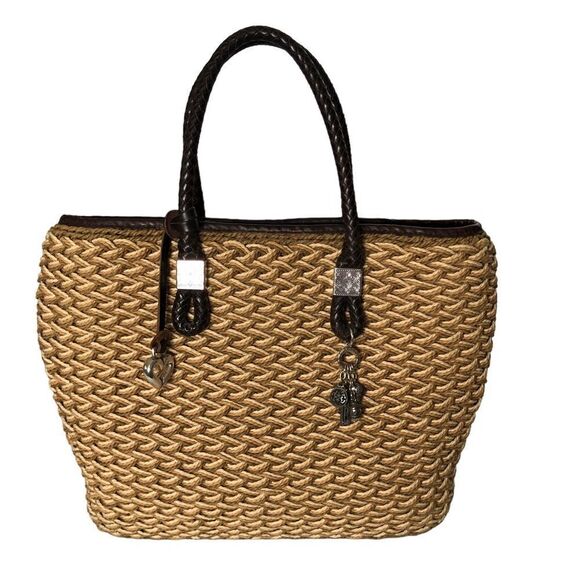 Brighton Straw Double Handle Bag Leather Woven Handles Silver Hardware - Picture 1 of 13